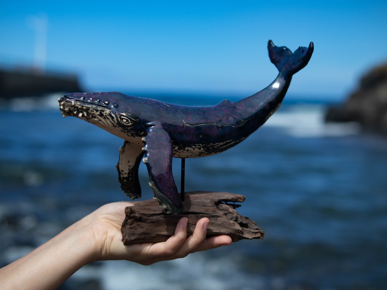 Large Ceramic Whale — Driftwood Stand — photo 2