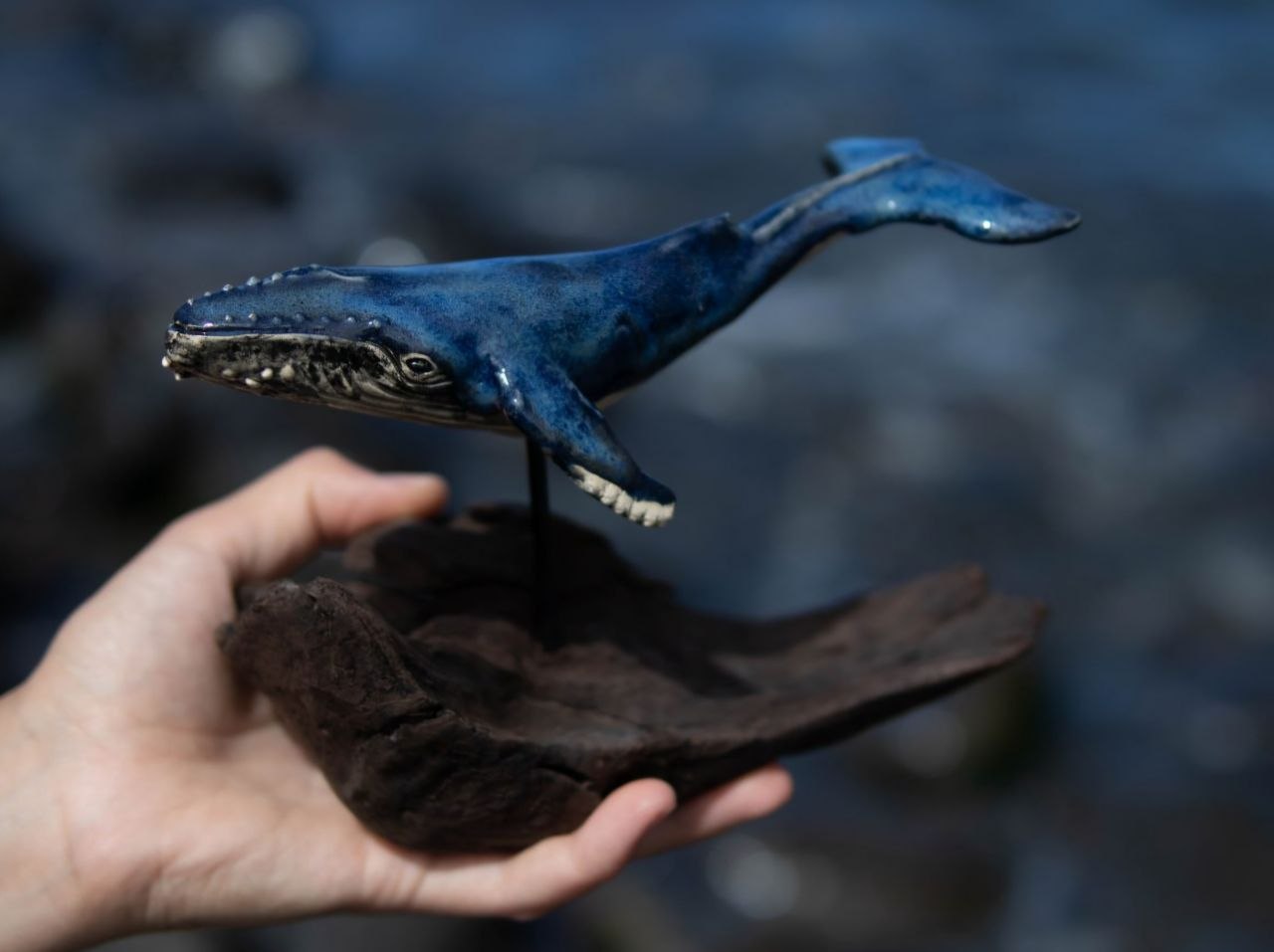 Small Ceramic Whale — Driftwood Stand