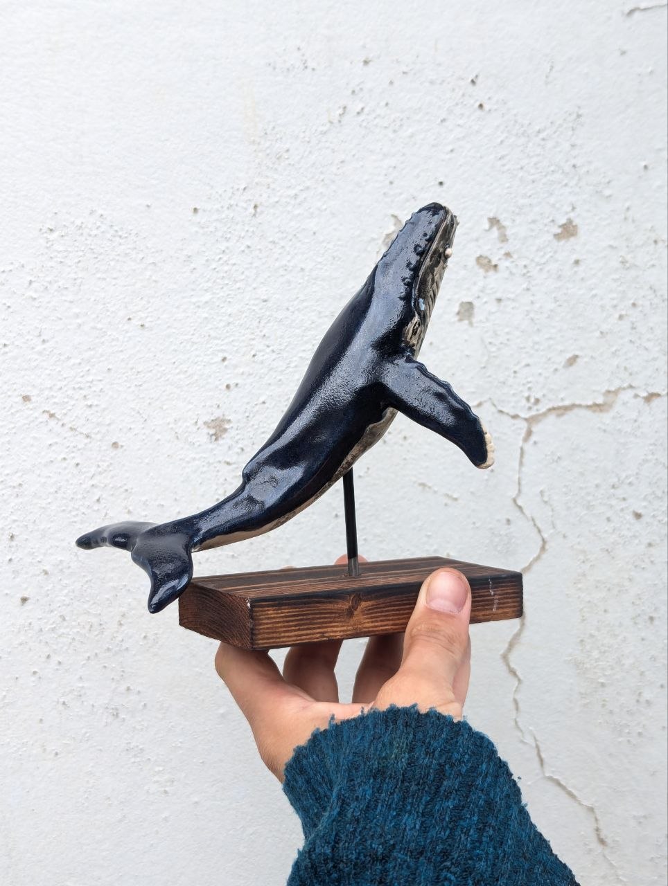 Small Ceramic Whale — Wooden Stand